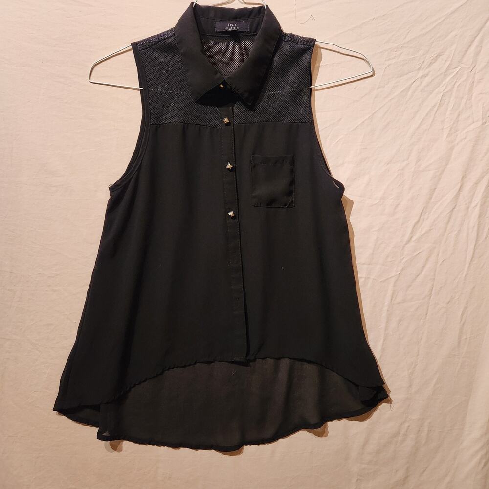 Grunge Sz Small Black Button Up Collared Top Sleeveless See-Through Shirt Rock
